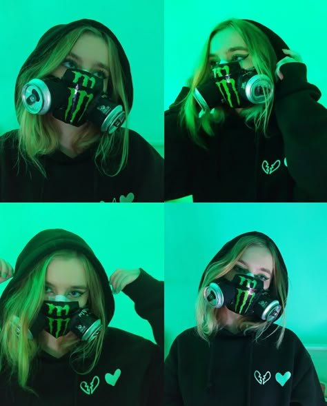 Photoshoot, photoshoot idea, monster, monster energy drink, green, dark vibe Monster Drink Mask, Monster Mask Drink, Monster Energy Costume, Monster Can Gas Mask, Monster Energy Gas Mask, Monster Mask Diy, Monster Gas Mask, Monster Energy Mask, Monster Can Mask