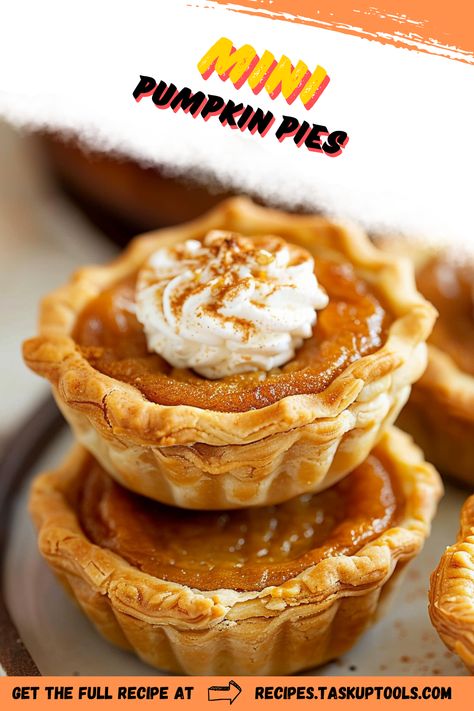 Discover the charm of Mini Pumpkin Pies, the perfect bite-sized treat for fall gatherings and cozy evenings at home. These delightful pastries combine the rich flavors of pumpkin, warm spices, and a buttery crust, creating an irresistible dessert that's easy to make and share. Ideal for Thanksgiving celebrations, holiday parties, or just a sweet snack, these mini pies are sure to impress your friends and family. Explore our simple recipe and tips for creating these adorable desserts that will add a festive touch to any occasion. Dive Pumpkin Pies Mini, Mini Pumpkin Pie Recipe Muffin Tins, Individual Pumpkin Pies Minis, Pumpkin Pie For Two, Mini Pumpkin Pie Bites, Thanksgiving Individual Desserts, Mini Pumpkin Pies In A Muffin Tin, Mini Pies Thanksgiving, Thanks Giving Desserts Thanksgiving