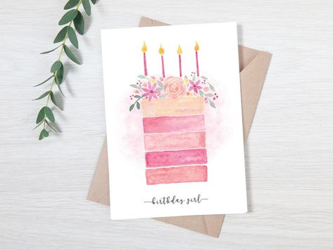 Watercolor Birthday Cake, Gold Birthday Card, Birthday Cake Pink, 16th Birthday Card, Watercolor Birthday Cards, Birthday Cake Card, Birthday Card Drawing, Homemade Birthday Cards, Hand Painted Card