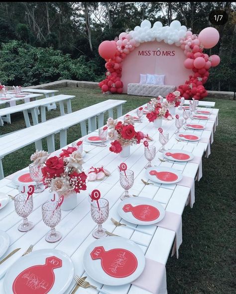 Red Themed Bachelorette Party, Red And Pink Hens Party, Red And Pink Bridal Shower Theme, Pink And Red Bridal Shower Ideas, Hot Pink Bridal Shower Ideas, Red Bridal Shower Ideas, Red And Pink Bridal Shower, Valentines Bridal Shower Ideas, Bright Pink Bridal Shower