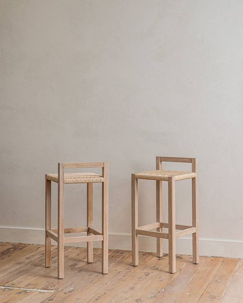 Timber Bar Stools, Scandinavian Bar Stool, Diy Bar Stools, Japanese Bar, Japandi Living Room, Oak Bar Stools, Rattan Stool, Japandi Living, High Bar Stools