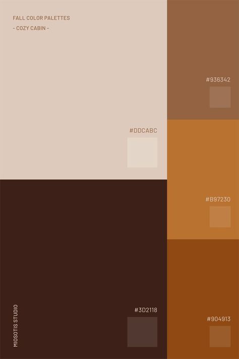 If you're in hospitality, selling cozy home goods, or running a traditional coffee shop, you might want to consider the Cozy Cabin palette. This color scheme brings to mind the warmth, comfort, and rustic charm of a log cabin in the woods. With deep and light browns, muted orange, and cozy beige, it creates a welcoming atmosphere that's perfect for a snug cabin retreat. Brown Beige Orange Color Palette, Beige Brown Color Scheme, Orange Wood Color Palette, Brown Beige Palette, Muted Brown Color Palette, Warm Browns Palette, Wood Brown Color Palette, Wood Colors Palette, Muted Orange Color Palette