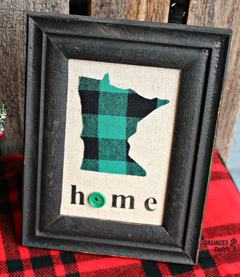 Framed Buffalo Check State Pride Decor #thriftshop #buffalocheck #statepride #stencil Pride Signs, Christmas Goals, Pride Decor, Sewing Nook, Buffalo Check Fabric, State Decor, State Crafts, Stencil Fabric, Buffalo Check Christmas