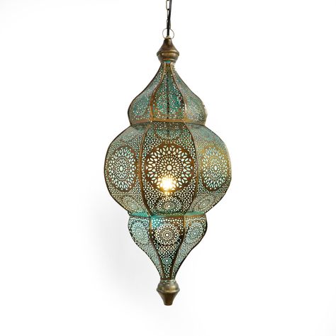 Beautiful Moorish brass hanging lantern with delicate blue glow from the interior which is painted. The exterior is perforated with a stunning design pattern. Opens to hold 75 watt bulb. 3' brass chain and ceiling plate included. Dekorasi Maroko, Green Room Decor, Moroccan Pendant Light, Blue Lantern, Moroccan Lighting, Turkish Lamps, Moroccan Lamp, Blue Glow, Moroccan Lanterns