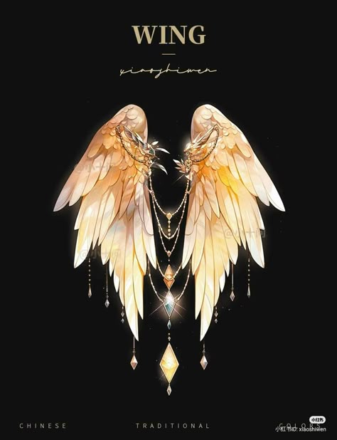 Fantasy Wings Art, Beautiful Wings Art, Golden Wings Art, Types Of Halos Angel, Fantasy Wings Design, Fantasy Angel Wings, Wing Character, Angel Wing Art, Metallic Wings