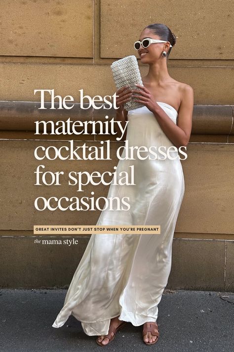 Looking for the perfect cocktail dress to suit your bump? Find off the shoulder, bodycon, midi, wrap and more for every trimester Pregnant Cocktail Outfit, Maternity Gala Dress, Second Trimester Wedding Guest Dress, Wedding Guest Outfit For Pregnant Women, Maternity Cocktail Dress Wedding, Cocktail Dress Pregnant, Black Tie Pregnancy Dress, Bump Friendly Cocktail Dress, Formal Dress Pregnant