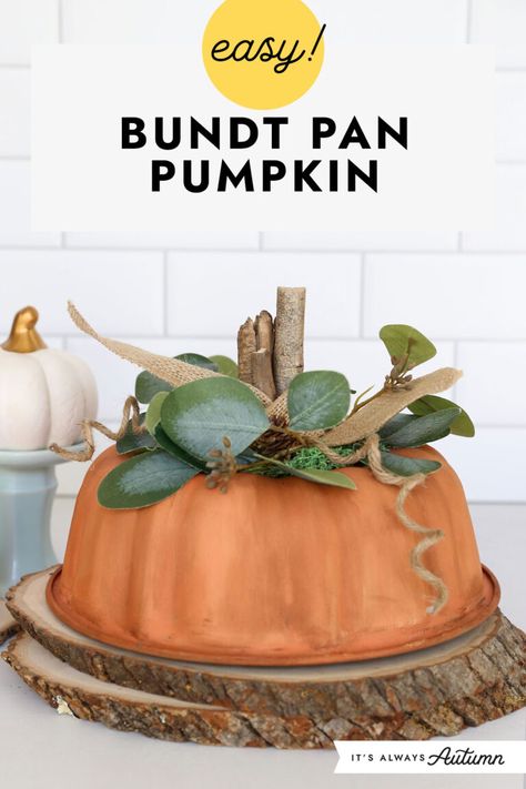 Easy! Bundt pan pumpkin. Bundt Cake Pan Pumpkin Craft, Bundt Pan Pumpkin Craft, Bundt Pan Pumpkin, Pumpkin Easy, Craft For Adults, Fall Crafts For Adults, Pumpkin Craft, Fall Decor Diy Crafts, Easy Diy Halloween Decorations