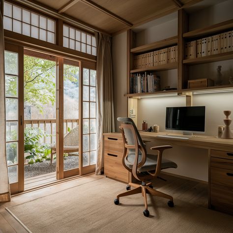 Japanese Style Desk Setup, Japandi Gaming Setup, Scandinavian Desk Setup, Japandi Gaming Room, Japanese Desk Setup, Japandi Study Room, Japanese Office Design, Japandi Workspace, Japanese Apartment Aesthetic