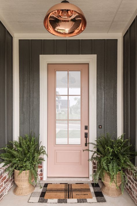 How to Achieve Warm & Restful California Casual in the Midwest · Haven Light Pink Door Exterior, Colourful Front Doors, Pink Door Exterior, Peach Front Door, California Casual Home, Pink House Exterior, Red Brick Exteriors, Exterior Gray Paint, Front Door Inspiration