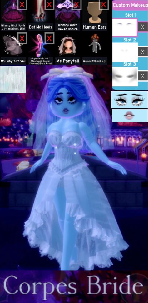 Roblox Royal High / Royaloween outfit inspo. Galaxy Fashion Royale High, Fairytale Rh Outfit, Futuristic Outfits Royale High, Emily Corpse Bride Royale High, Haunted Royale High Outfits, Royale High Futuristic Outfit, Anime Royale High Outfits, Corpse Bride Royale High, Space Fashion Royale High