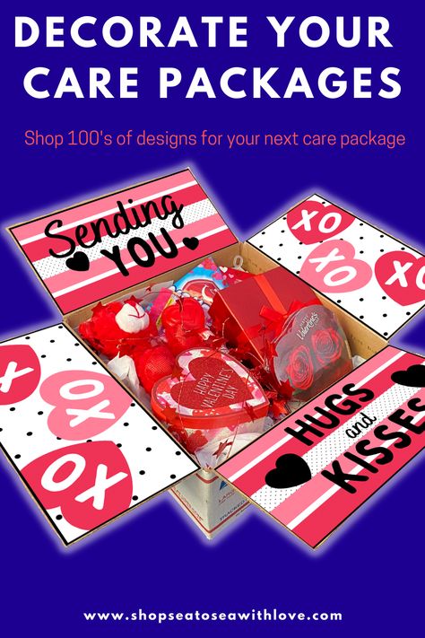 Valentine's Day care packages are a great way to stay connected with your loved one during a military deployment. Visit here to check out hundreds of care package ideas and themes in Sea to Sea with Love's shop! If you are looking for an easy way to decorate your care package, then this is the shop for you! Get inspired to create your own DIY care package with sticker kits. Its DIY without the work! These are also perfect for college and long distance packages too! Valentine Care Packages For College Kids, Deployment Care Package Items, Valentines College Care Package, Valentines Care Package Ideas, Valentine Care Package College Daughter, Valentine’s Day Care Package Ideas, Valentine Care Package College, Valentines Care Package, Army Care Package