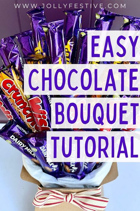 Discover how to create a beautiful chocolate bouquet using your favourite Cadbury bars! Our easy tutorial guides you through each step, using just paper tape—no glue gun needed. It's the perfect gift for any chocolate lover. Click to read the full article and get started on your sweet creation today. Diy Chocolate Hamper, Protein Bar Bouquet Diy Gifts, Candy Bar Bouquet Diy How To Make, Chocolate Birthday Gift Ideas, Chocolate Bar Bouquet Diy, How To Make Chocolate Bouquet, Chocolate Bar Gift Ideas, Chocolate Basket Ideas, Chocolate Bouquet Diy Tutorials