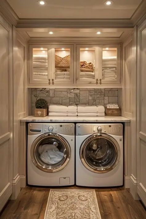 25+ Genius Laundry Room Ideas That Will Maximize Your Space - HubPages Washer Dryer Area, Laundry Hallway Ideas Small Spaces, Restroom Laundry Combo, Hidden Washer And Dryer, Hidden Laundry Rooms, Elegant Laundry Room, Hidden Laundry, Compact Laundry, Stylish Laundry Room