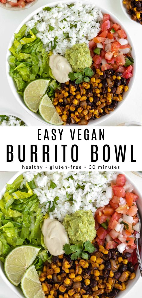 Spicy Black Beans, Vegan Burrito Bowl, Burrito Vegan, Burrito Bowl Recipe, Vegan Burrito, Vegan Lunch Recipes, Lime Rice, Cilantro Lime Rice, Burrito Bowl