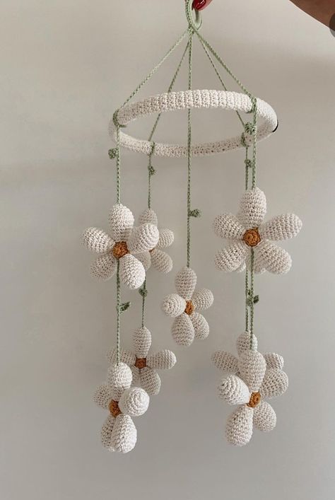 Crochet Butterfly Mobile Free Pattern, Crochet Mobile Toys, Crochet Flower Baby Mobile, Crochet Butterfly Mobile, Crochet Room Decor Wall Hangings, Crochet Nursery Mobile, Crochet Flower Mobile, Cottagecore Nursery Aesthetic, Crochet Ceiling Hanging