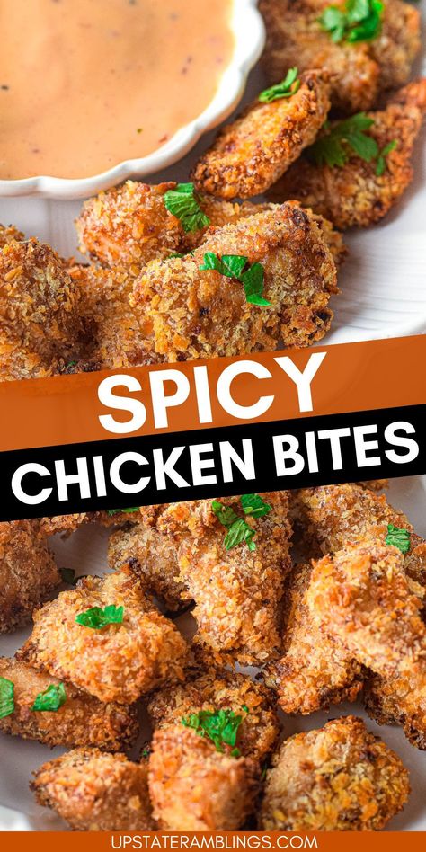 spicy chicken bites Bang Bang Chicken Air Fryer, Chicken Bites Oven, Spicy Chicken Nuggets, Spicy Chicken Bites, Sweet Spicy Sauce, Chicken Air Fryer, Chicken Cubes, Bang Bang Chicken, Spicy Salad