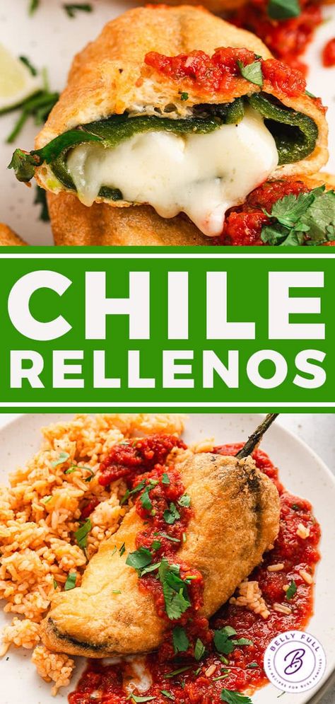 Chile Relleno Recipe - Belly Full Chile Relleno Authentic, Chile Riano Recipe, Chili Relleno Recipe Authentic, Chili Relleno Recipe, Chilli Relleno Recipe, Crispy Chili Relleno, Crispy Chili Relleno Recipe, Authentic Chile Relleno Recipe, Chili Reano Recipe Chile Relleno