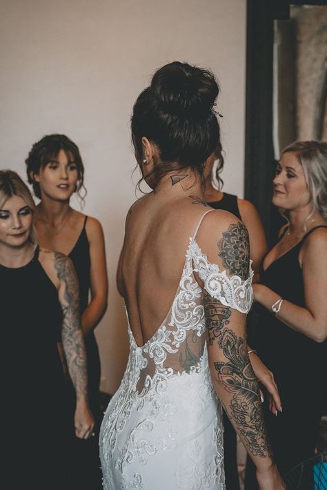 Casablanca Bridal Real Bride: Shelbie & Daniel's Industrial Dark Wedding In Style 2324 | Bohemian Off-Shoulder Lace Wedding Dress Boho Off Shoulder Wedding Dress, Wedding Dress For Tattooed Bride, Tattooed Wedding Dress, Tatted Wedding Dress, Tattooed Women In Wedding Dresses, Tattoo Wedding Dress Sleeve, Tattoo Sleeve Wedding Dress, Wedding Dress For Muscular Bride, Wedding Dresses And Tattoos