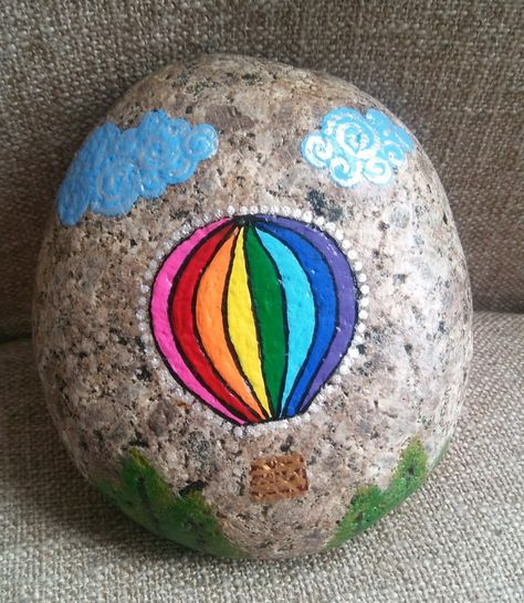 Hot air balloon rainbow clouds trees Hot Air Balloon Painted Rocks, Hot Air Balloon Rock Painting, Rainbow Hot Air Balloon, Balloon Rainbow, Glitter Rocks, Balloon Painting, Skyline Painting, Balloon Festival, Rainbow Clouds