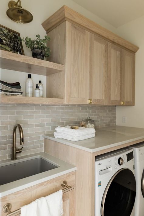 Oak Cabinet Laundry Room, Laundry Room Storage Under Washer And Dryer, Small Laundry Room No Window, Basic Laundry Room Ideas, Laundry Room Backsplash Tile, Modern Organic Laundry Room, Laundry Room Butcher Block Counter, Laundry Room Off Garage, L Shaped Laundry Room Layout