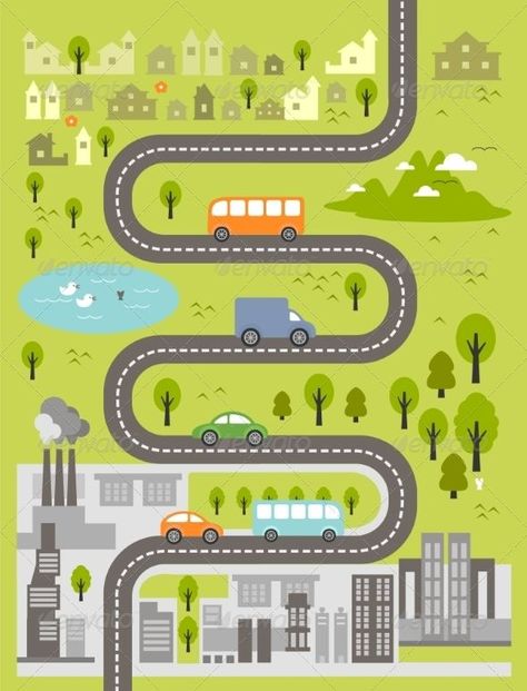 Cartoon Map of Small Town and Big City Road Map Illustration, Car Infographic, Eco Game, Cartoon Road, Map Art Illustration, Kids Architecture, Driverless Car, Map Elements, Bus Map