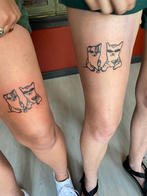 Coffee Cat Tattoo, Matching Drinking Tattoos, Silly Cat Tattoo, Funny Cat Tattoo, Muffin Cat, Beer Tattoos, Tattoo 2023, Glasses Tattoo, Matching Tats