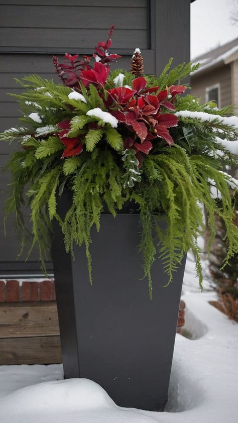 Transform your front porch for the winter months with our guide to creating stunning winter planters This blog post explores simple DIY ideas that incorporate beautiful elements like tall faux Christmas trees vibrant pansies and natural birch branches all aimed at bringing warmth and charm to your outdoor space Discover how to utilize late lanterns for added sparkle and create an inviting atmosphere that welcomes guests during the cold season Whether you live in the UK or enj Winter Flower Pots Outdoor Front Doors, Entry Pots Front Entrances, Winter Front Porch Planter Ideas, Urn Fillers Front Porches, Winter Planter Ideas Flower Pots Outdoor Christmas, Winter Porch Plants, Entryway Planters Front Entry, Outdoor Winter Planters, Winter Hanging Baskets Outdoor