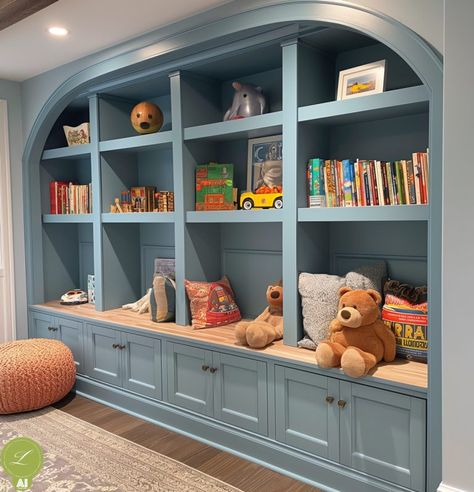 Not Your Average Built-Ins - Linda Merrill Interior Designer Decorator South Shore Massachusetts Living Room Built Ins Toy Storage, Built In Bookshelf In Bedroom, Built Ins With Windows Above, Painted Built Ins Playroom, Built In Cabinets Playroom, Playroom Joinery, Playroom With Built Ins, Built In Kids Room, Wall Of Built Ins