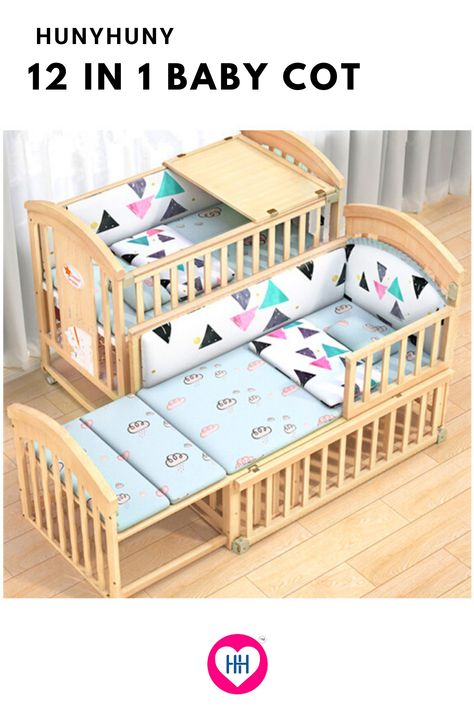 HunyHuny Super Comfy Wooden 12 in 1 Rocking Cot with storage, stylish and strong built cot grows with your child as it easily converts into a Study Table, Daybed, Rocker and Junior bed Baby Cot Ideas, Cot With Storage, Wooden Baby Cot, Study Bed, Bed Cot, Bed Crib, Mother Care, Baby Furniture Sets, Junior Bed