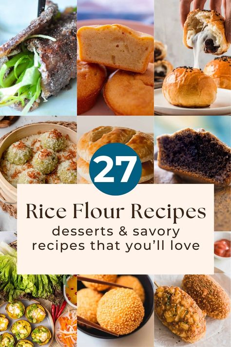 A chef curated list of the most delicious and creative rice flour recipes that are easy to make at home! This list includes many Taiwanese, Vietnamese, Korean, Filipino, Hawaiian, and Chinese recipes and will show you how accessible they are. Not only will I include some of the best recipes using both regular rice flour and sweet rice flour (which are different), but I also list why you might like each recipe. Desserts With Rice Flour, Rice Flour Cupcakes, What To Do With Rice Flour, What To Make With Rice Flour, Rice Flour Recipes Baking, Sweet Rice Flour Recipes Desserts, Rice Flour Cake Recipes, Rice Flour Cookies Recipes, Rice Flower Recipes