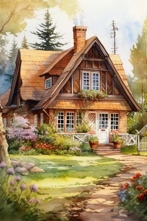 Cottage Homes Drawing, Foto Computer, Beautiful House Painting, Dream Cottage House, Cottage Art Painting, House Painting Art, Painting Of House, Dark Academia Kitchen, Houses Painting