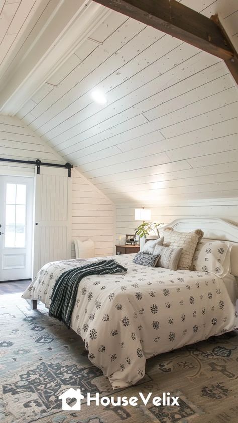 Shiplap Angled Ceiling, Plank Ceiling Bedroom, Shiplap Bedroom Ideas, Shiplap Ceiling Bedroom, Vaulted Shiplap Ceiling, White Shiplap Ceiling, Ceiling Bedroom Ideas, Sloped Ceiling Bedroom Ideas, Ceiling Shiplap