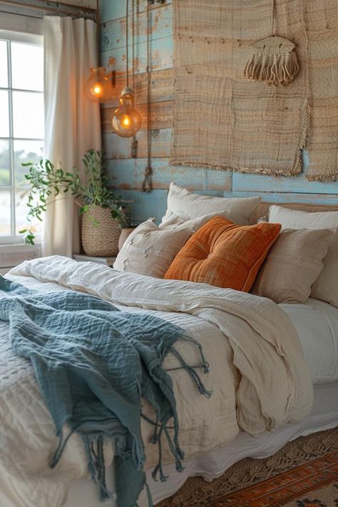 Costal Cottage Bedroom Idea, Boho Beach Room, Boho Beach Bedroom, Anthropologie Bedroom, Modern Coastal Bedroom Ideas, Coastal Bedroom Design, Coastal Boho Bedroom, Beachy Boho Bedroom, California Bedroom