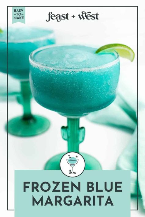 Icy and blue, the bright color of these Frozen Blue Margaritas brings pizzazz to the classic margarita. Perfect for taco night or game night! https://feastandwest.com/2016/01/24/frozen-blue-margaritas/ Blue Frozen Margarita, Blue Frozen Alcoholic Drinks, Blue Liquor Drinks, Frozen Blue Margarita Recipe, Frozen Margarita Recipes Blender, Margarita Recipes Frozen, Frozen Margarita Recipes, Best Frozen Margarita, Blue Margaritas