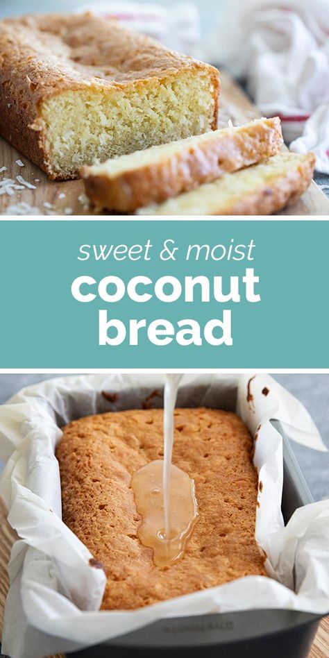 Coconut lovers will adore this sweet and moist Coconut Bread. Perfect for a brunch table or for a snack, this bread is addicting and delicious. #quickbread #baking #coconut Coconut Milk Recipes Dessert, Coconut Flour Brownies, Milk Recipes Dessert, Coconut Bread Recipe, Coconut Ice Cream Recipes, Taste And Tell, Quick Bread Recipe, Coconut Flour Recipes, Coconut Bread