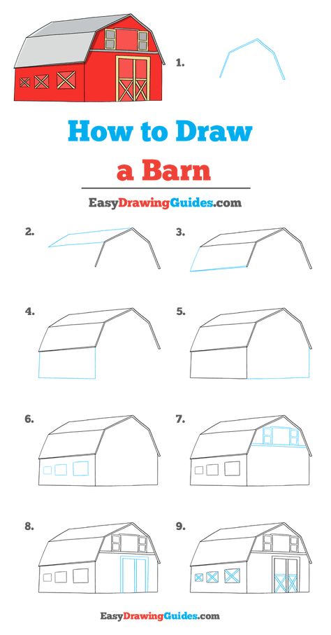 Country Drawings Easy Step By Step, Farm Drawings Easy, Barn Drawing Simple, Farm Drawing Easy, Farm Drawing, Barn Drawing, Trin For Trin Tegning, Drawing Instructions, Cartoon Drawing Tutorial