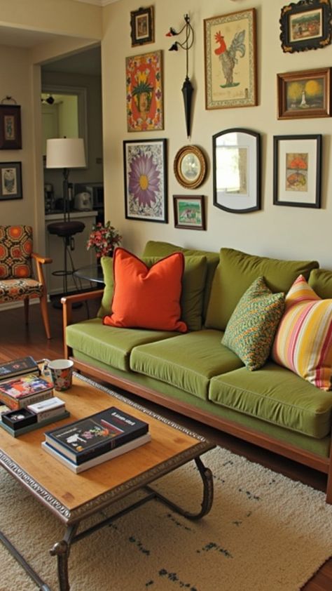 Add personality to your space with an eclectic mix of vintage and modern decor! This cozy living room features a stunning gallery wall, bold pops of color, and retro-inspired furniture that bring warmth and character. The green mid-century sofa, colorful cushions, and curated wall art create a vibrant yet inviting atmosphere. Perfect for those who love maximalist and nostalgic design! Retro Maximalist Living Room, Green Couch Aesthetic, Vintage Eclectic Living Room, Colorful Eclectic Living Room, Maximalist Apartment, Masculine Living Rooms, Green Sofa Living Room, Maximalist Living Room, Colorful Cushions