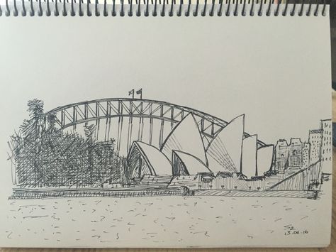 S. Scobie. June 12, 2016. Ink. Fine line marker.  Sydney Opera House and Sydney Harbour Bridge from Botanical Gardens. Sydney Harbour Bridge Drawing, Sydney Drawing, Simplistic Art, Tattoo Sydney, Bridge Tattoo, Bridge Drawing, Oil Pastel Paintings, House Sketch, Harbour Bridge