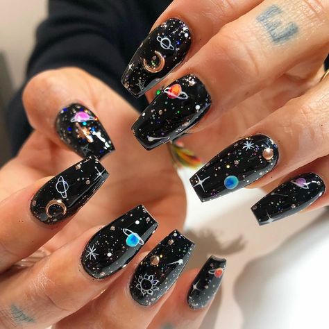 Vanessa Cooper, Galaxy Nail Art, Witchy Nails, Space Nails, Pointy Nails, Galaxy Nails, Edgy Nails, Nail Swag, Art Nails