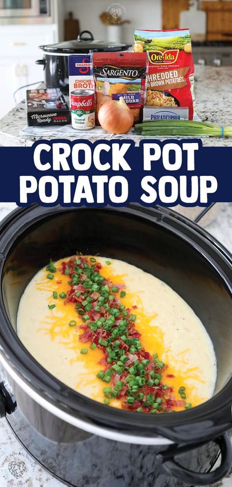 Crock Pot Potato Soup Recipe! It’s everything you love about a loaded baked potato made into a deliciously creamy soup. This slow-cooker soup is effortless to make and perfect for a chilly fall or winter evening. Loaded Baked Potato Soup Insta Pot, Crockpot Potato Soup Without Cream Cheese, Crockpot Baked Potato Soup Frozen Potatoes, Crock Pot Potato Soup With Frozen Potatoes, Crockpot Shredded Potato Soup, Crock Pot Loaded Baked Potato Soup Easy Family Recipes, Crockpot Potatoes Soup With Hashbrowns, Potatoe Soup Crock Pot With Ham, Potatoe Soup Recipe Best Crock Pot