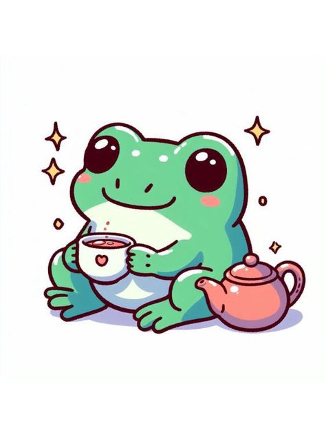 Drawing Ideas Frogs, Frogs Aesthetic, Frog Drinking Tea, Easy Frog Drawing, Frog Drawing Ideas, Tea Invite, Frog Tea, Tea Tattoo, Markers Drawing Ideas