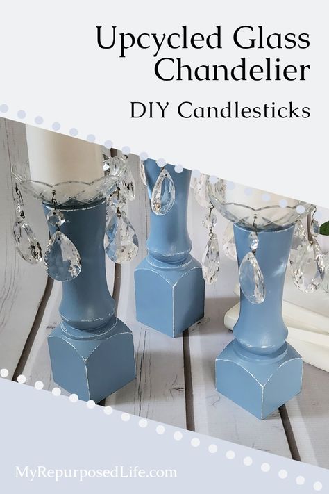 Upcycled glass chandelier pieces and scrap wood are paired to make a set of beautiful DIY candlesticks. Tips and ideas for you. #MyRepurposedLife #upcycled #chandelier #diy #candlesticks via @repurposedlife Wooden Candlesticks Diy, Diy Candlesticks, Upcycled Chandelier, Spindle Candlesticks, Chandelier Diy, Blue Candlesticks, Diy Candle Sticks, Recycling Ideas, Wooden Candle Sticks