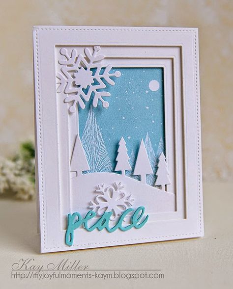 My Joyful Moments—Supplies: Stitched Rectangles-Lawn Fawn Snowy hills border- My Favorite Things Snowflakes- Taylored Expressions Peace- Papertrey Ink Background stamp- Hero Arts Snowflake Cards, Christmas Card Inspiration, Homemade Christmas Cards, Shimmer And Shine, Tree Cards, Stampin Up Christmas, Diy Christmas Cards, Christmas Cards To Make, Box Card