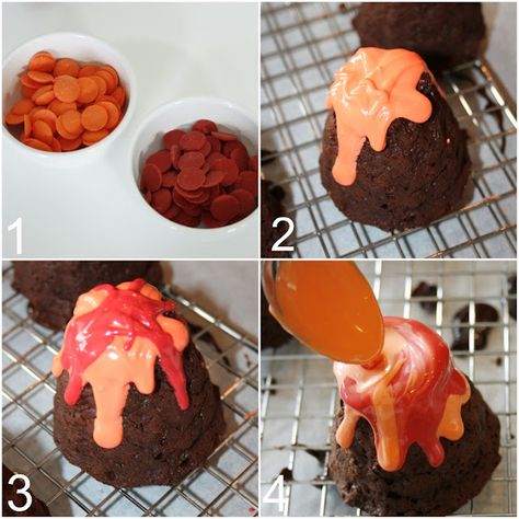 Volcano Cupcakes Dinosaur Party, Dinosaur Treats For Party, Volcano Dessert, Volcano Chocolate, Dinosaur Dessert Table, Volcano Cupcakes, Caveman Party, Volcano Party, Chocolate Lava Cakes