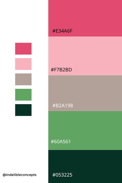 Pink, Khaki, Green and Dark Green Color Palette | #pink #darkgreen, #green #colorpalettes #graphicdesigntips #branding #colorinspiration Dark Green And Pink Palette, Green And Pink Website Design, Hot Pink And Green Color Palette, Green And Pink Pallet, Pink Green Gold Color Scheme, Green Pink Colour Palette, Pink And Green Graphic Design, Pink Green Colour Palette, Color Palette Pink And Green