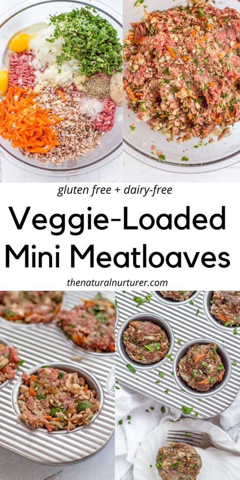 Flavorful, juicy and full of veggies, these mini meatloaves are a great twist on a classic family dinner recipe. Easy to make & quicker to cook! Paradox Diet Recipes, Organic Eating Recipes, Toddler Meals On The Go, Veggie Packed Meatloaf, What To Feed One Year Old, Hidden Veggie Recipes For Adults, Meatloaf Recipes Dairy Free, Veggie Loaded Meatloaf, Veggie Loaded Dinner Recipes