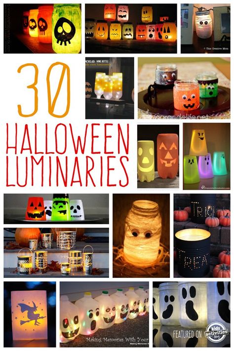 Making Halloween Luminaries From Recycled Items   Creating a set of luminaries to line your walk way on Halloween night can be just the extra little touch that you home needs to attract those adorable little trick or treaters.  This list of 30 ideas will leave your imagination running with ways to make some for yourself.  With so many options to choose from, you may find it hard to narrow down the options to just one.  Take a look through the list as see for yourself. Halloween Luminaries, Decorations For Halloween, Halloween Lanterns, Light Up The Night, Pumpkin Party, Halloween Crafts For Kids, Halloween Stuff, Recycled Items, Halloween Recipes