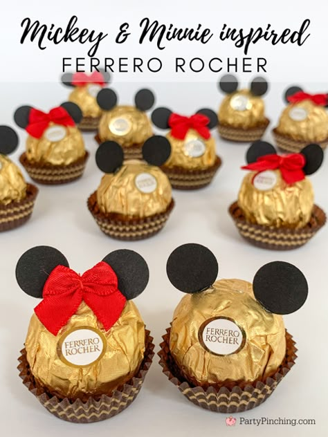 Mickey Minnie mouse inspired Ferrero Rocher, Minnie Mickey Mouse candy, Ferrero Rocher, Disney theme party treats, easy Mickey Minnie Mouse candy, Ferrero Rocher cute candy crafts, Minnie mouse, Mickey mouse, Disney, party pinching, best ferrero rocher ideas, best disney party ideas, disney adults, disney lover, disney fan Mickey Mouse Desert Table, Minnie And Mickey Themed Party, Mickey Mouse Snack Ideas, Mickey Mouse Birthday Gifts Ideas, Minnie Mouse Birthday Gift Ideas, Mickey Mouse Treat Ideas, Mickey Mouse Favors Ideas, Disney Candy Table, Christmas Mickey Mouse Birthday Party