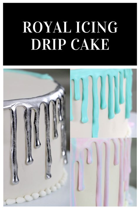 Royal Icing Drip Cake 👩🏼‍🍳✨ Today I'm teaching you how to use royal icing to create a pretty drip cake! I show you 3 different styles. The first is a solid drip, the second is a multicolor/marbled drip, and the third is a painted drip. You can paint your drip silver, gold, or any other color! Royal icing drip works great on a fondant covered cake and is really easy to do once you achieve the right consistency! Make Dripping Icing, Pour Icing On Cake, Icing Drip Recipe, Royal Icing Drip Recipe, Drip Cake Icing Recipe, How To Make Icing Drip Down Cake, Cake Decorating Dripping Icing, Drip Icing Cake, Royal Icing Decorations Cake