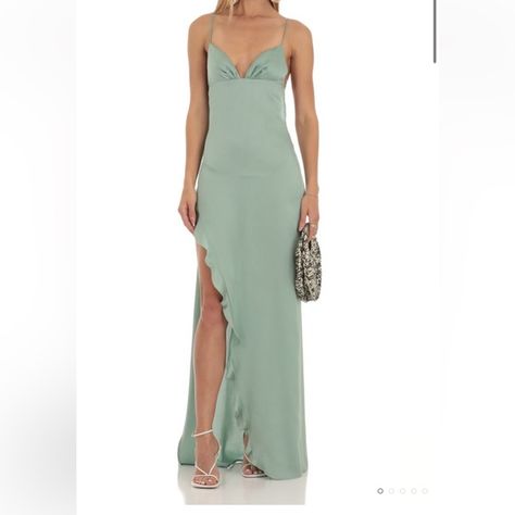 lucy in the sky sage green maxi dress Sage Prom Dress, Sage Green Maxi Dress, Lucy In The Sky Dress, Green Maxi Dress, Sage Dress, Ruffle Maxi Dress, Lucy In The Sky, Prom Dress Inspiration, Green Maxi